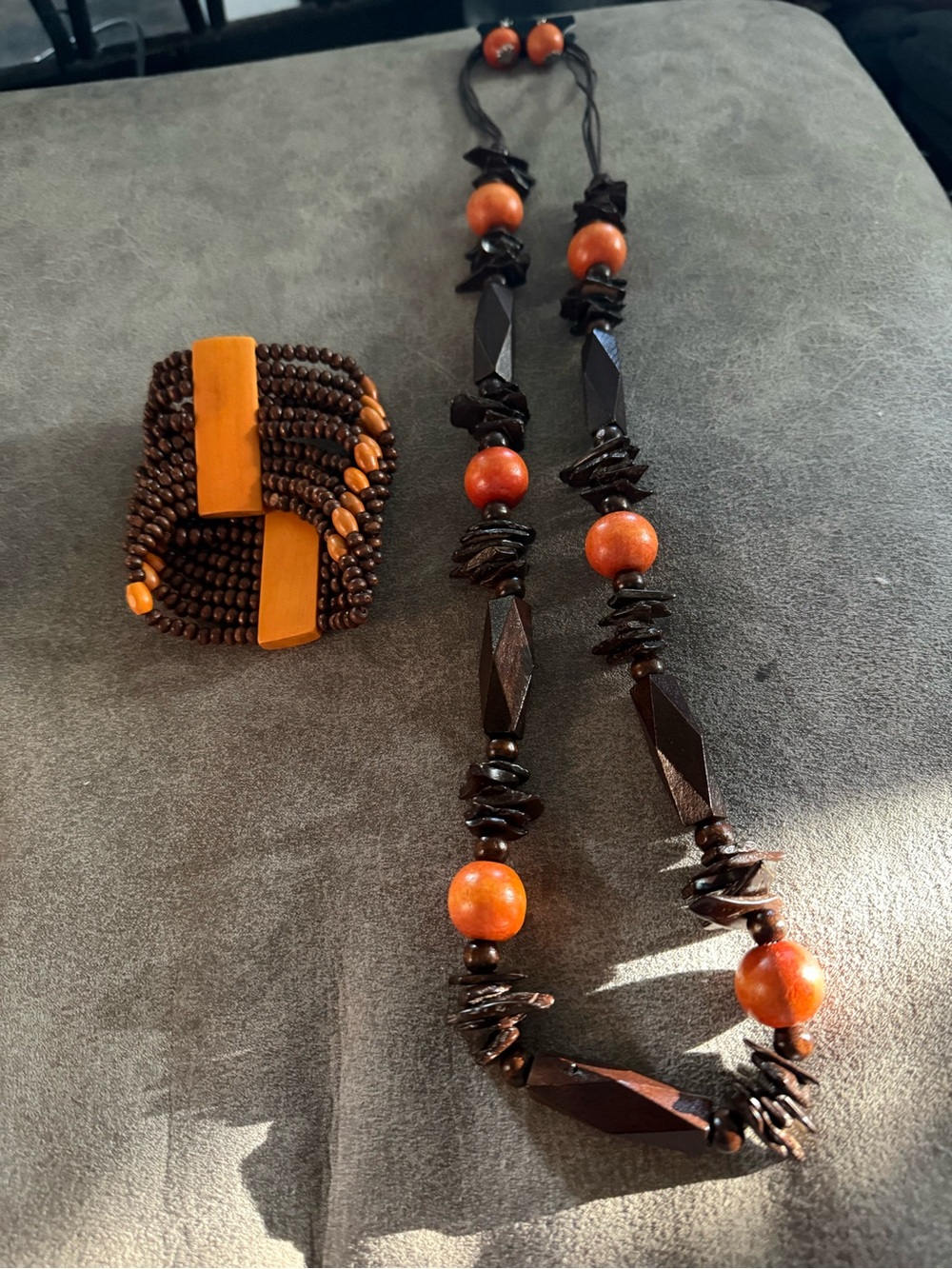 Wooded Brown and Orange Beaded Necklace and Bracelet Set